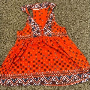 Free People Orange Blue Boho Racerback Tunic Tank Top Collared Floral Sz Small